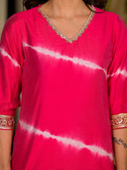 Yufta Pink Tie And Dye Chanderi Silk Kurta With Trousers With Dupatta Set | Grocsy