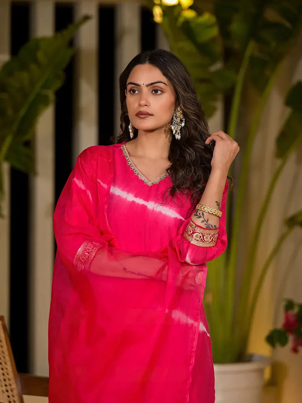 Yufta Pink Tie And Dye Chanderi Silk Kurta With Trousers With Dupatta Set | Grocsy