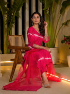 Yufta Pink Tie And Dye Chanderi Silk Kurta With Trousers With Dupatta Set | Grocsy