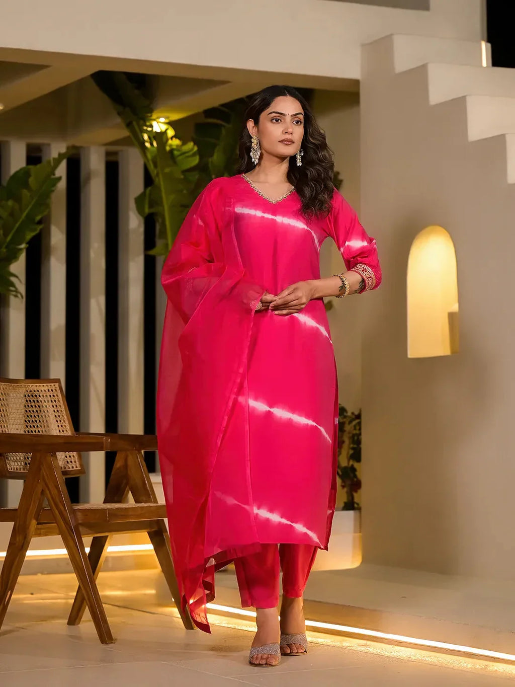 Yufta Pink Tie And Dye Chanderi Silk Kurta With Trousers With Dupatta Set | Grocsy
