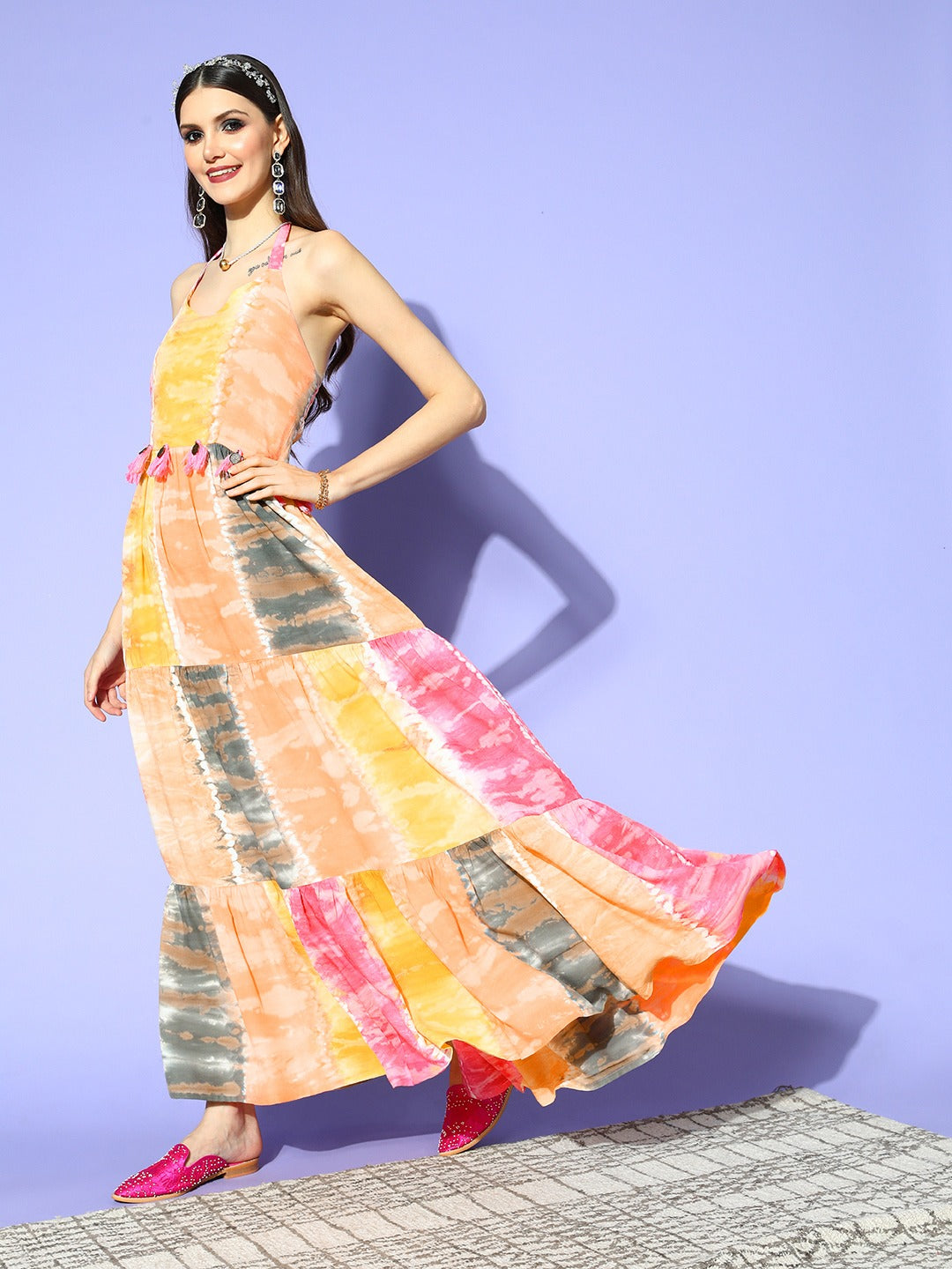 Yufta Pink & Yellow Ethnic Maxi Dress | Grocsy