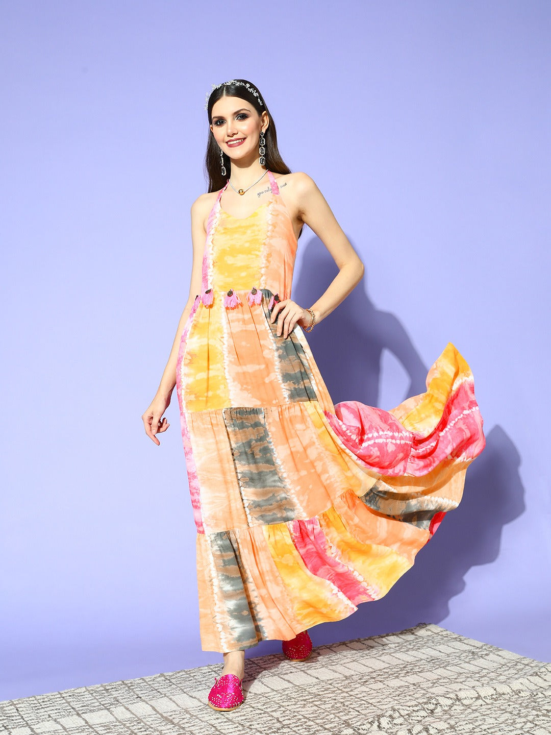 Yufta Pink & Yellow Ethnic Maxi Dress | Grocsy