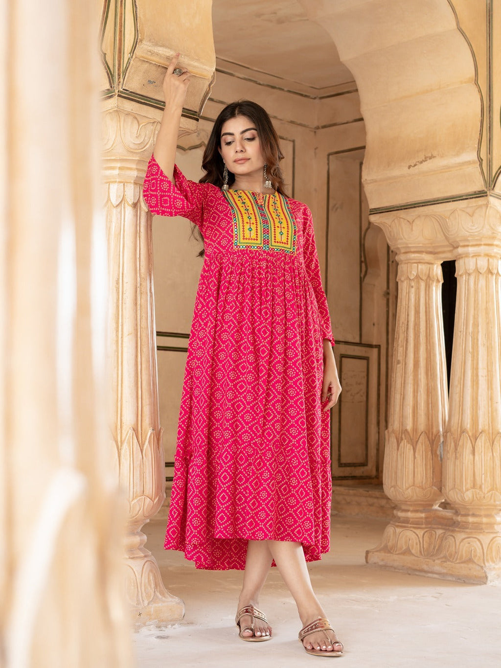 Yufta Pink & Yellow Ethnic Motifs Ethnic Dress | Grocsy