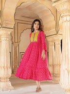 Yufta Pink & Yellow Ethnic Motifs Ethnic Dress | Grocsy