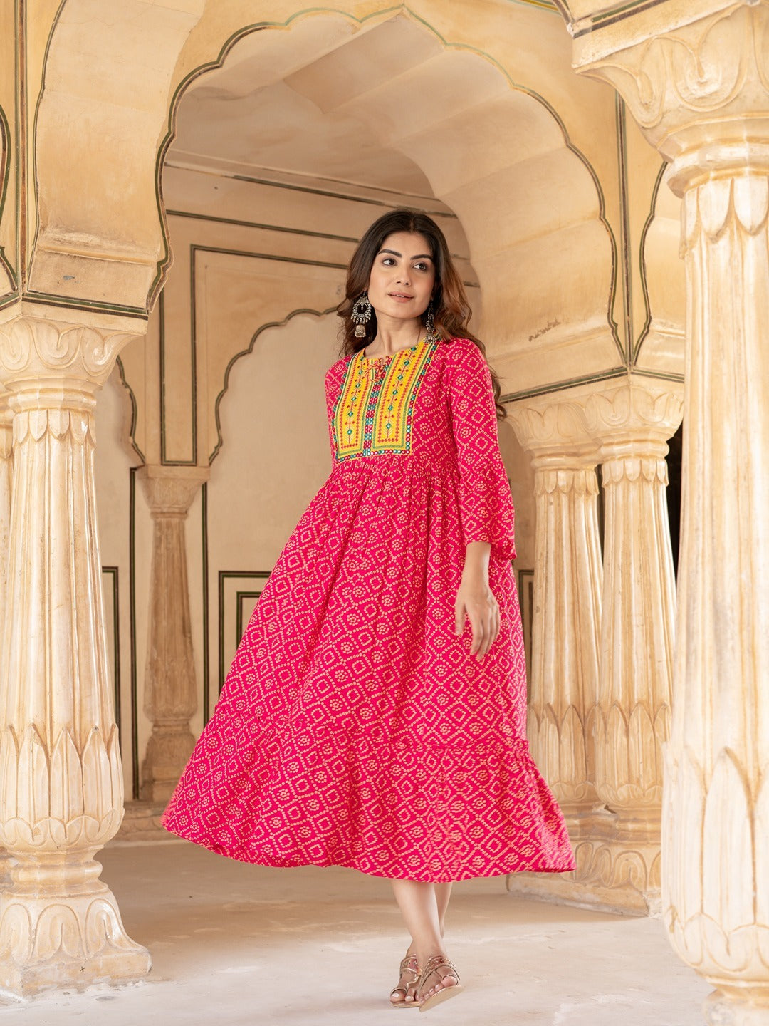 Yufta Pink & Yellow Ethnic Motifs Ethnic Dress | Grocsy