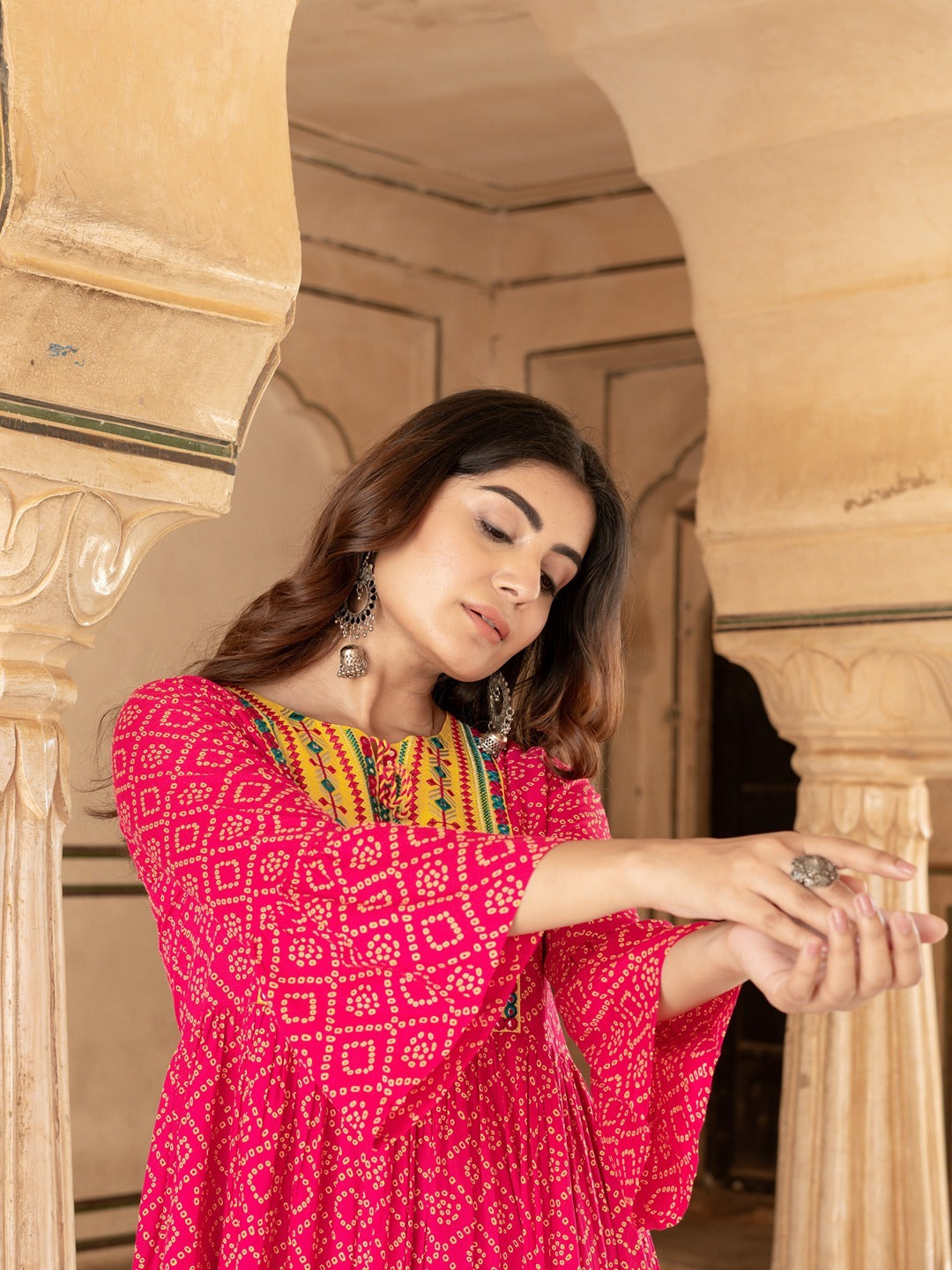 Yufta Pink & Yellow Ethnic Motifs Ethnic Dress | Grocsy