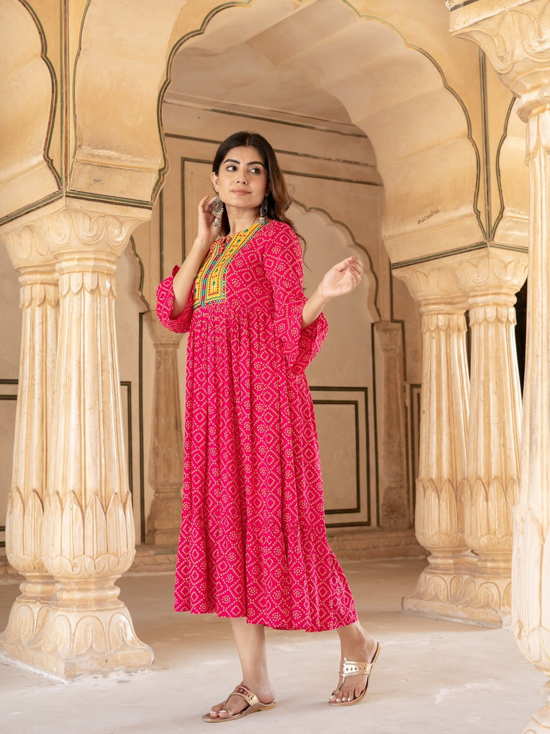 Yufta Pink & Yellow Ethnic Motifs Ethnic Dress | Grocsy