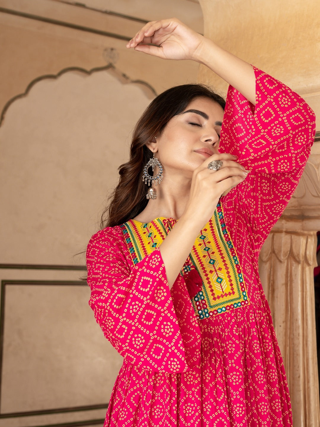Yufta Pink & Yellow Ethnic Motifs Ethnic Dress | Grocsy