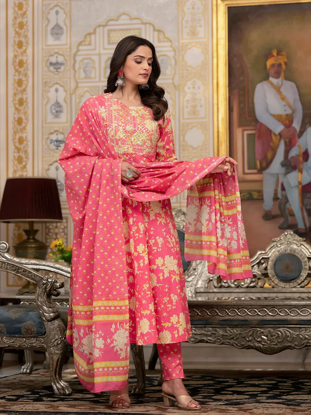 Yufta Pink Zari_Work Kurta Pant Dupatta Set | Grocsy