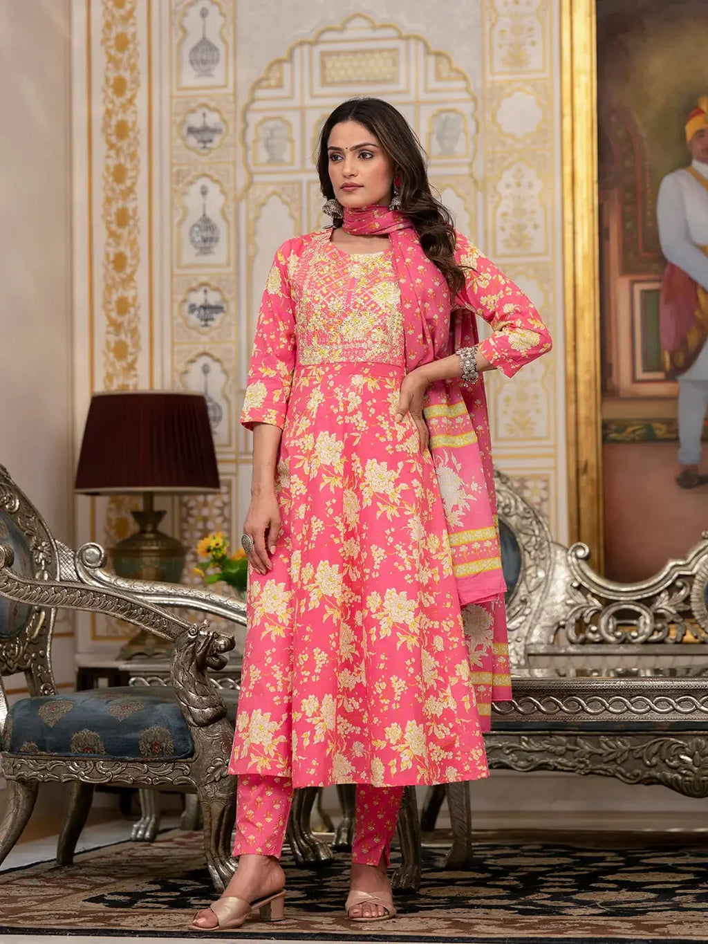 Yufta Pink Zari_Work Kurta Pant Dupatta Set | Grocsy
