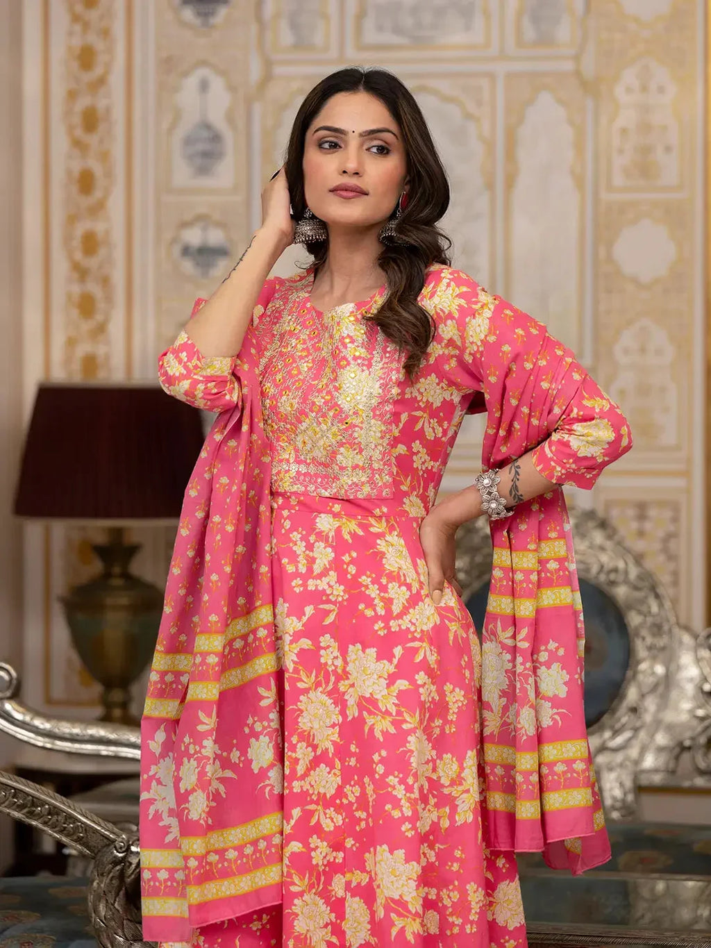 Yufta Pink Zari_Work Kurta Pant Dupatta Set | Grocsy