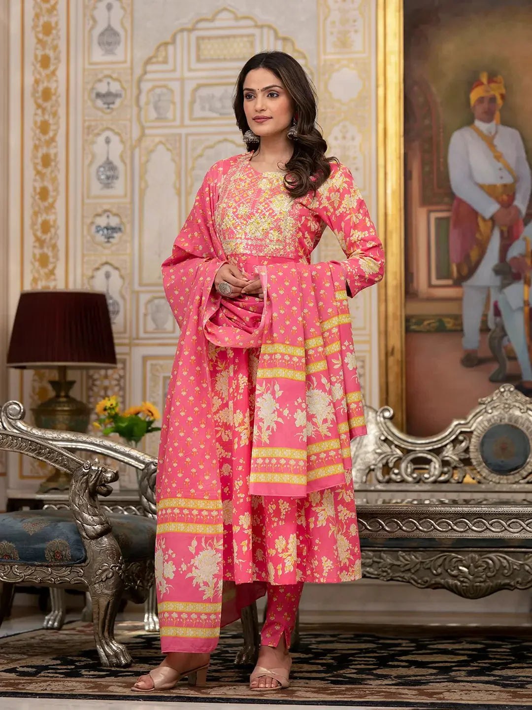 Yufta Pink Zari_Work Kurta Pant Dupatta Set | Grocsy