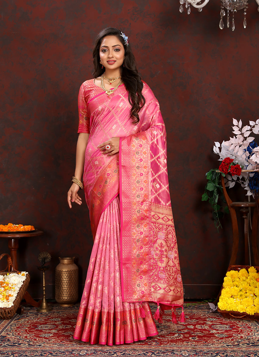 Lorenvalley Fashion Pink Organza Silk Woven Design with Rich Meenakari Weaving Pallu Saree | Grocsy