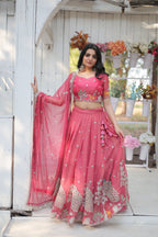 Lorenvalley Pink Gold Coin Fabric with Sequins and Thread Embroidered work Lehenga Choli with Dupatta | Grocsy