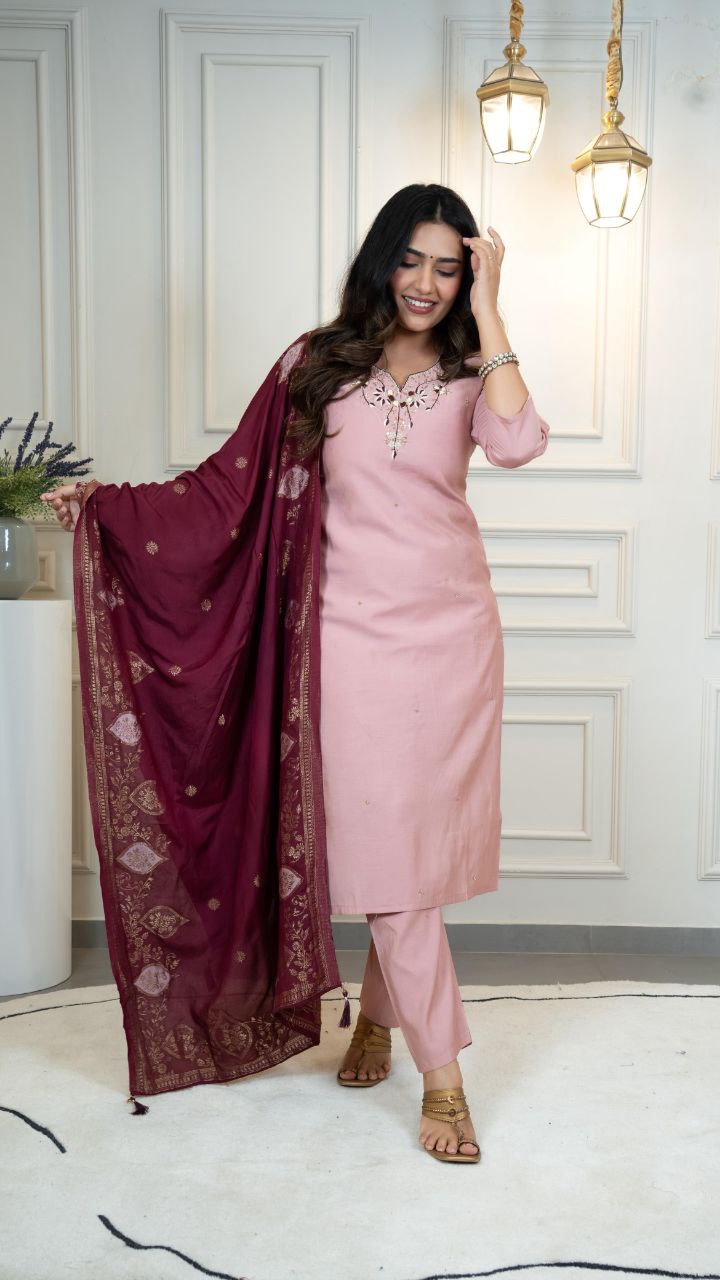 Lorenvalley Fashion Pink Roman Silk Hand Work Kurta Pant with Dupatta | Grocsy