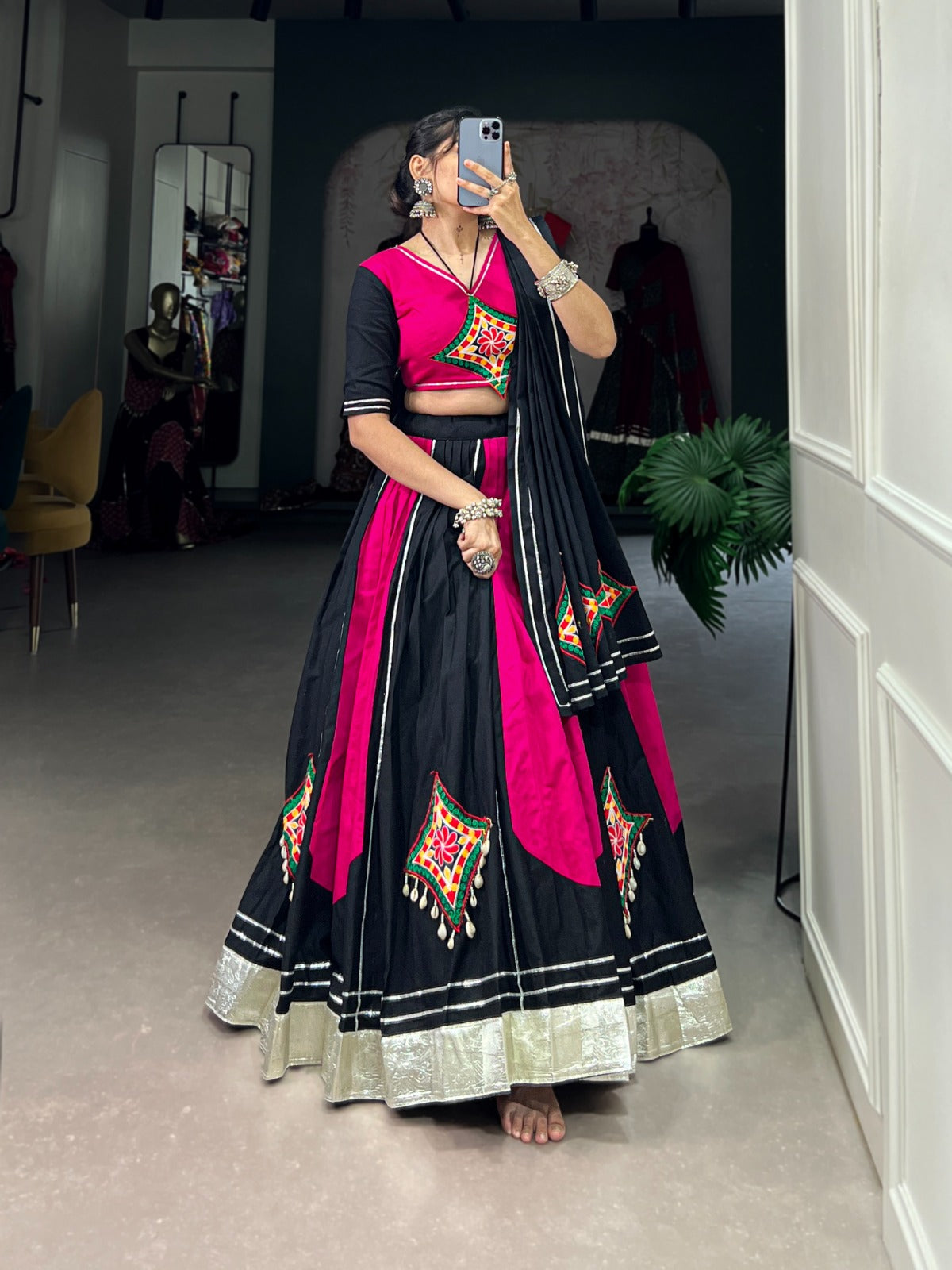 Lorenvalley Pink and Black Plain With Gamthi Patch Work & Gota Patti Lace also cowrie (kodi) lace touch up Lehenga Choli | Grocsy