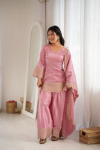 Lorenvalley Fashion Pink Glass Roman Silk with Embroidery Sequence Dori and Jari Work Kurta Farshi Salwar with Dupatta | Grocsy