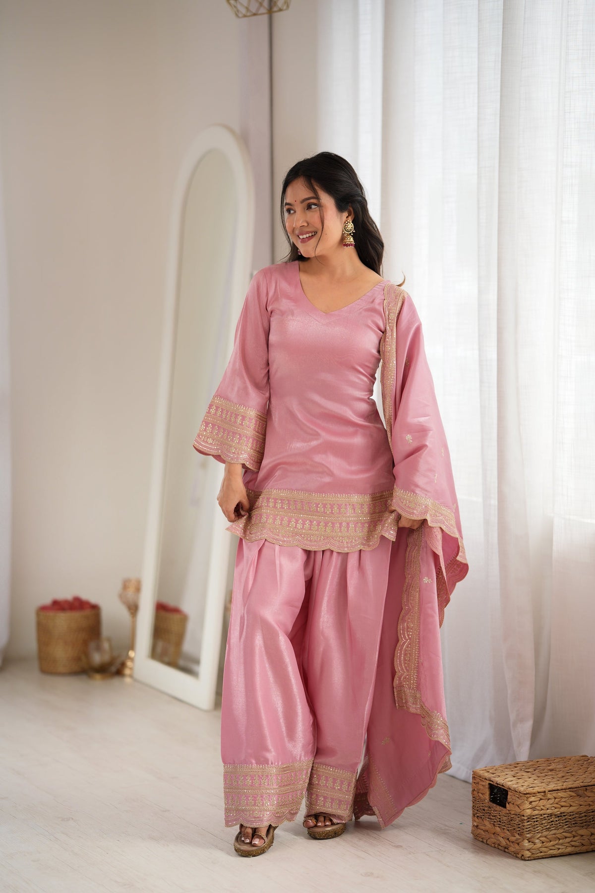Lorenvalley Fashion Pink Glass Roman Silk with Embroidery Sequence Dori and Jari Work Kurta Farshi Salwar with Dupatta | Grocsy