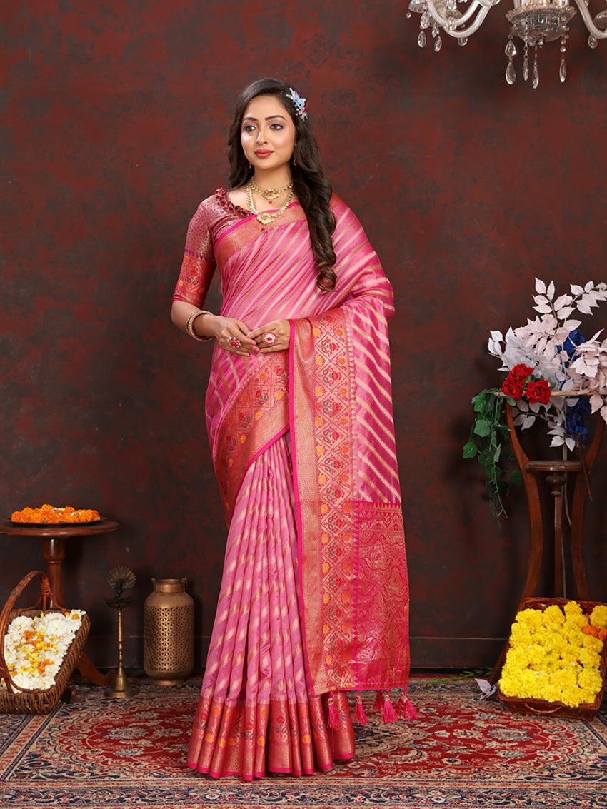Lorenvalley Fashion Pink Organza Silk Woven Design with Rich Meenakari Weaving Pallu Saree | Grocsy