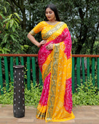 Lorenvalley Premium Pure Bandhej Tapeta Soft light weight silk saree with zari weaving Border - Multicolor | Grocsy