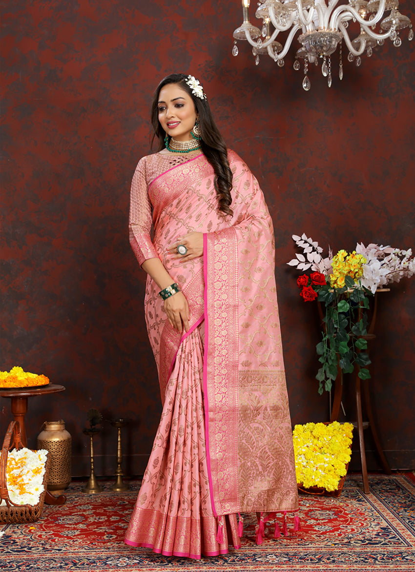 Lorenvalley Fashion Pink Soft Katan Silk Woven Design Rich Zari Weaving Pallu Saree | Grocsy