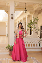 Lorenvalley Pink Premium Chinnon Lehenga Choli with Jacquard Woven Design Koti | Grocsy