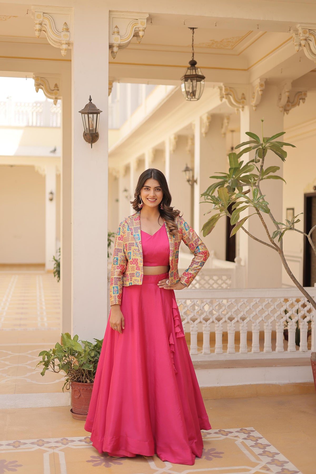 Lorenvalley Pink Premium Chinnon Lehenga Choli with Jacquard Woven Design Koti | Grocsy