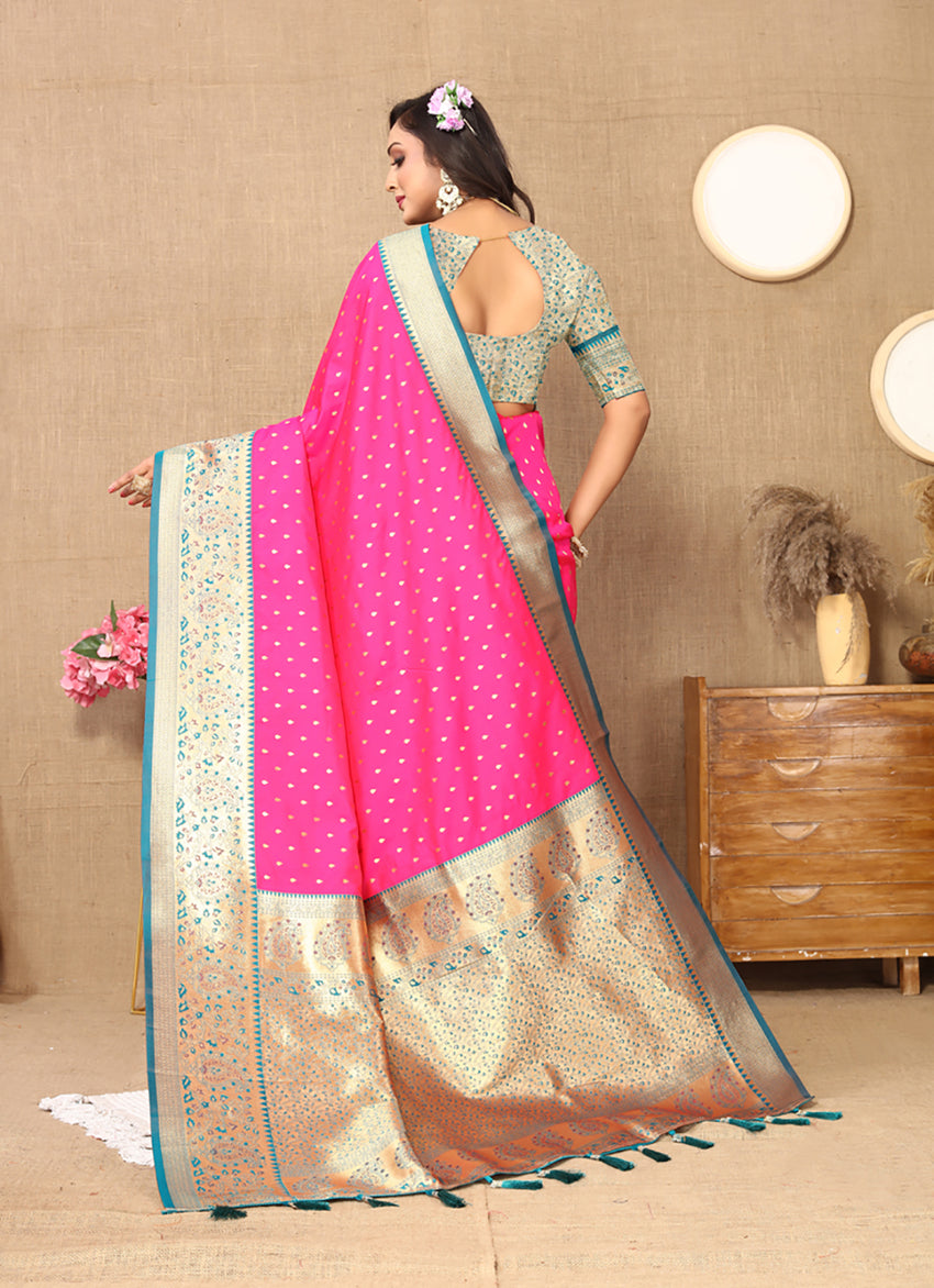 Lorenvalley Fashion Pink Soft Silk weaving Design Rich Zari Weaving Saree | Grocsy