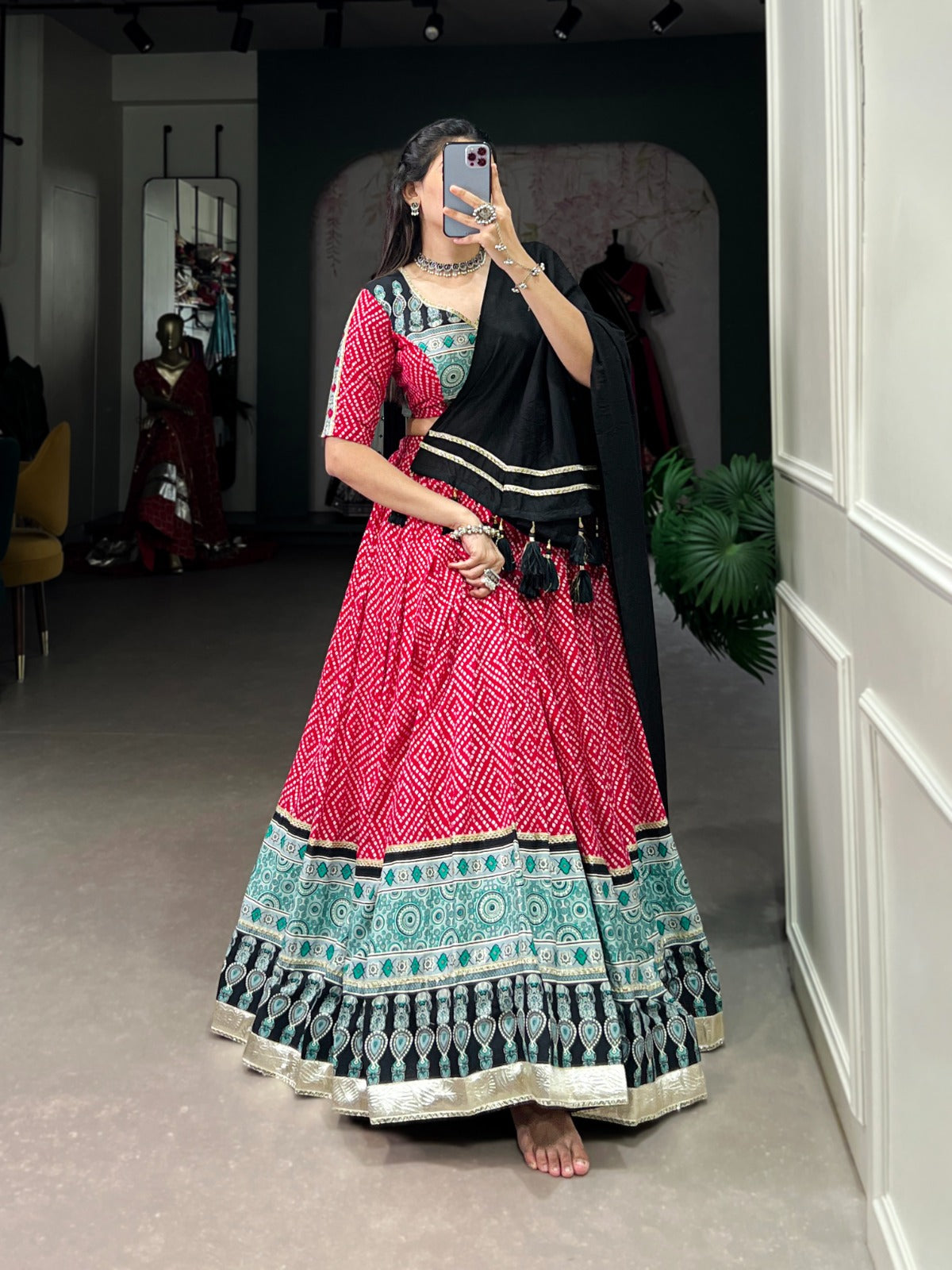 Lorenvalley Pink Rayon with Bandhej And Ajarakh Print With Embossed Design Gota Lace Touch up Lehenga Choli | Grocsy