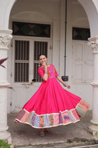 Lorenvalley Fashion Pink Roman Silk with Thread with mirror work & Maslin Crochet Print Work Gown | Grocsy
