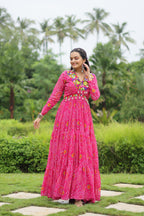 Lorenvalley Pink Faux Georgette Bandhani Print Work With Kutchi Patch Work Gown | Grocsy