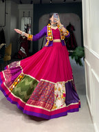 Lorenvalley Pink Pure Rayon with Plain With Printed And Gamthi Patch Work With Lace Touch Up Lehenga Choli | Grocsy