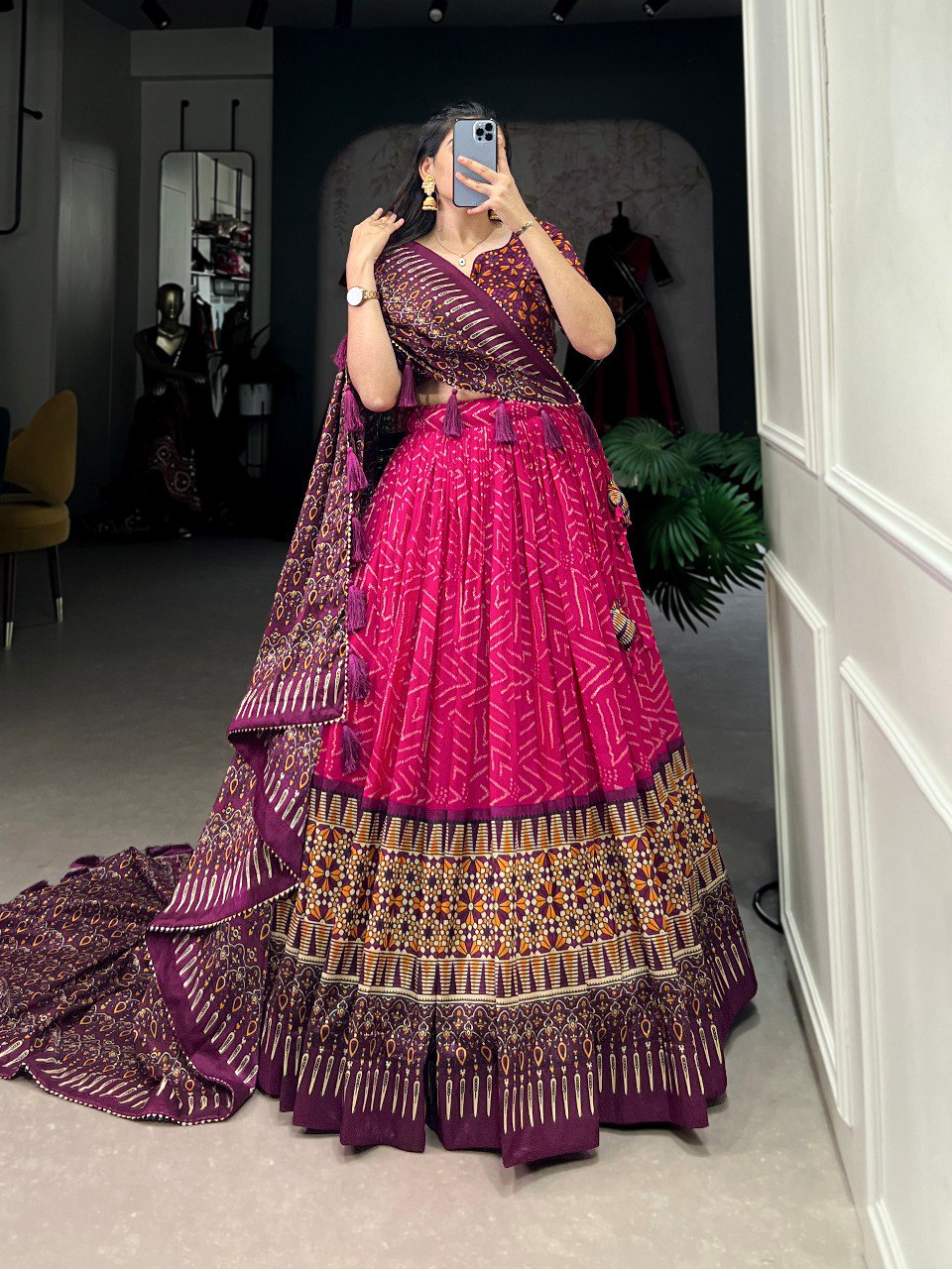 Lorenvalley Pink Tussar Silk Bandhej And Ajarakh Print Lehenga Choli with Dupatta | Grocsy