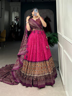 Lorenvalley Pink Tussar Silk Bandhej And Ajarakh Print Lehenga Choli with Dupatta | Grocsy