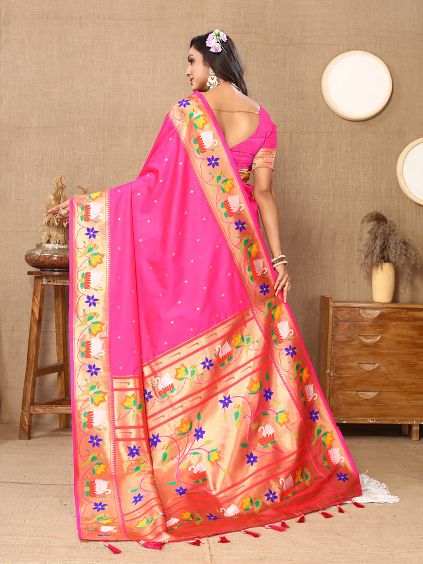 Lorenvalley Fashion Pink Soft Paithani Silk Woven Design Rich Zari Meenakari Weaving Saree | Grocsy