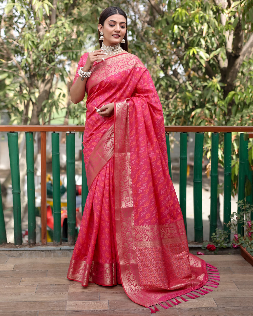Lorenvalley Premium Bandhej Patola Silk Sarees with kanchi Borders and Contrast Zari Weaving borders Saree - Pink | Grocsy