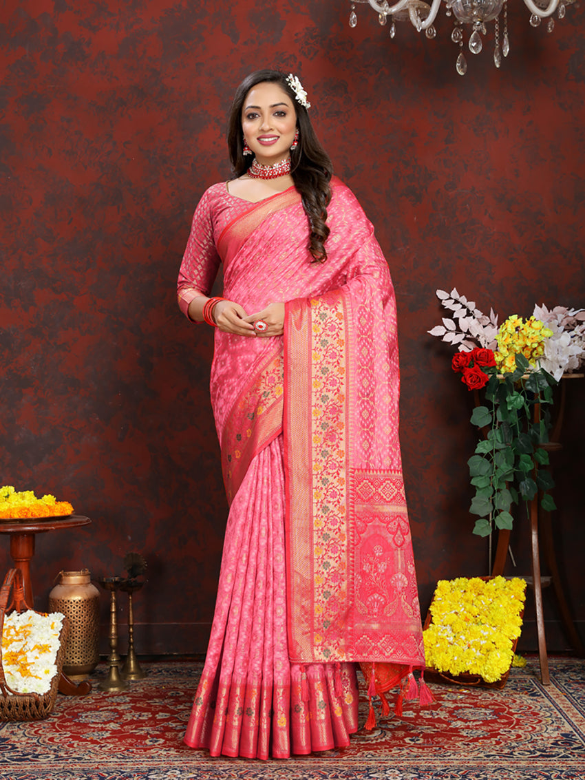 Lorenvalley Fashion Pink Organza Silk Woven Design with Rich Meenakari Weaving Pallu Saree | Grocsy