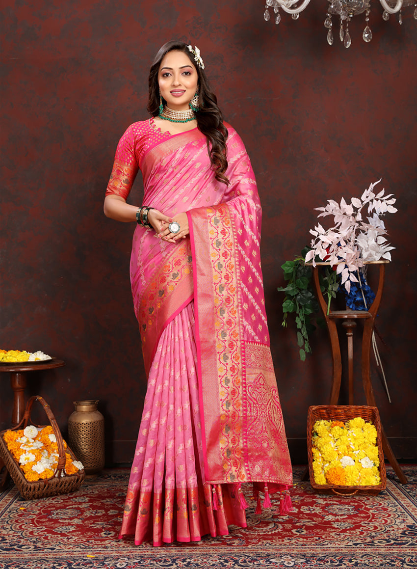 Lorenvalley Fashion Pink Organza Silk Woven Design with Rich Meenakari Weaving Pallu Saree | Grocsy