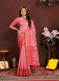 Lorenvalley Fashion Pink Organza Silk Woven Design with Rich Meenakari Weaving Pallu Saree | Grocsy