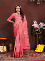 Lorenvalley Fashion Pink Organza Silk Woven Design with Rich Meenakari Weaving Pallu Saree | Grocsy