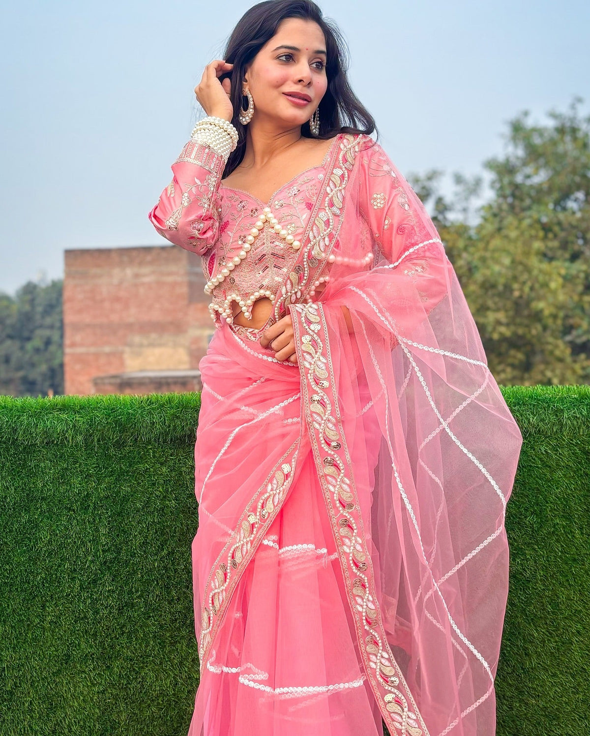 Evanik Pink Net Embroidery work Saree with Moti Hand work Blouse | Grocsy