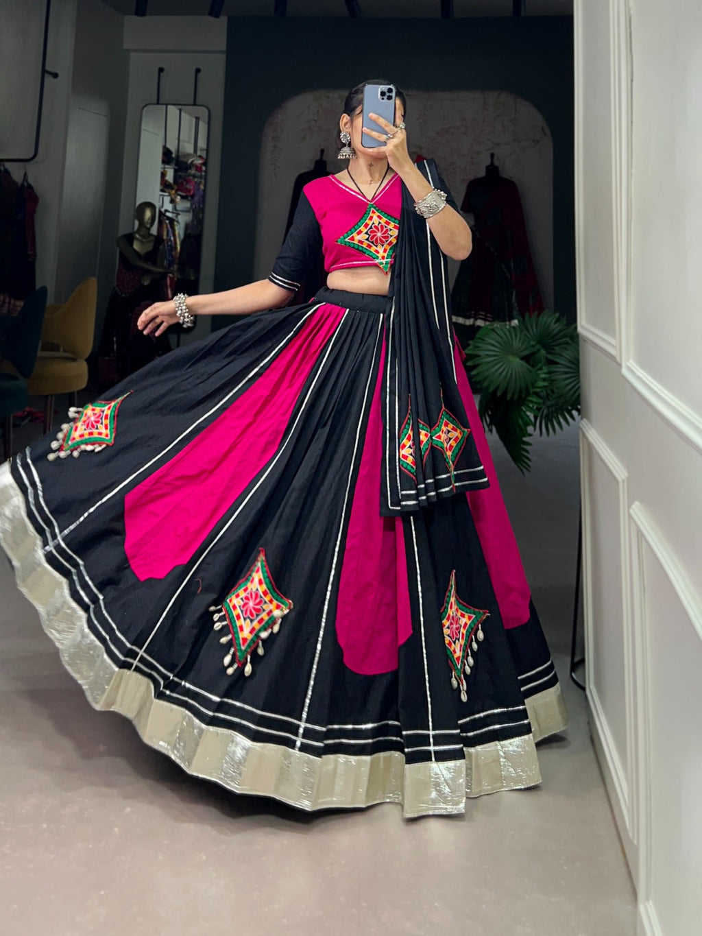 Lorenvalley Pink and Black Plain With Gamthi Patch Work & Gota Patti Lace also cowrie (kodi) lace touch up Lehenga Choli | Grocsy