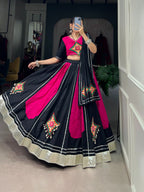 Lorenvalley Pink and Black Plain With Gamthi Patch Work & Gota Patti Lace also cowrie (kodi) lace touch up Lehenga Choli | Grocsy
