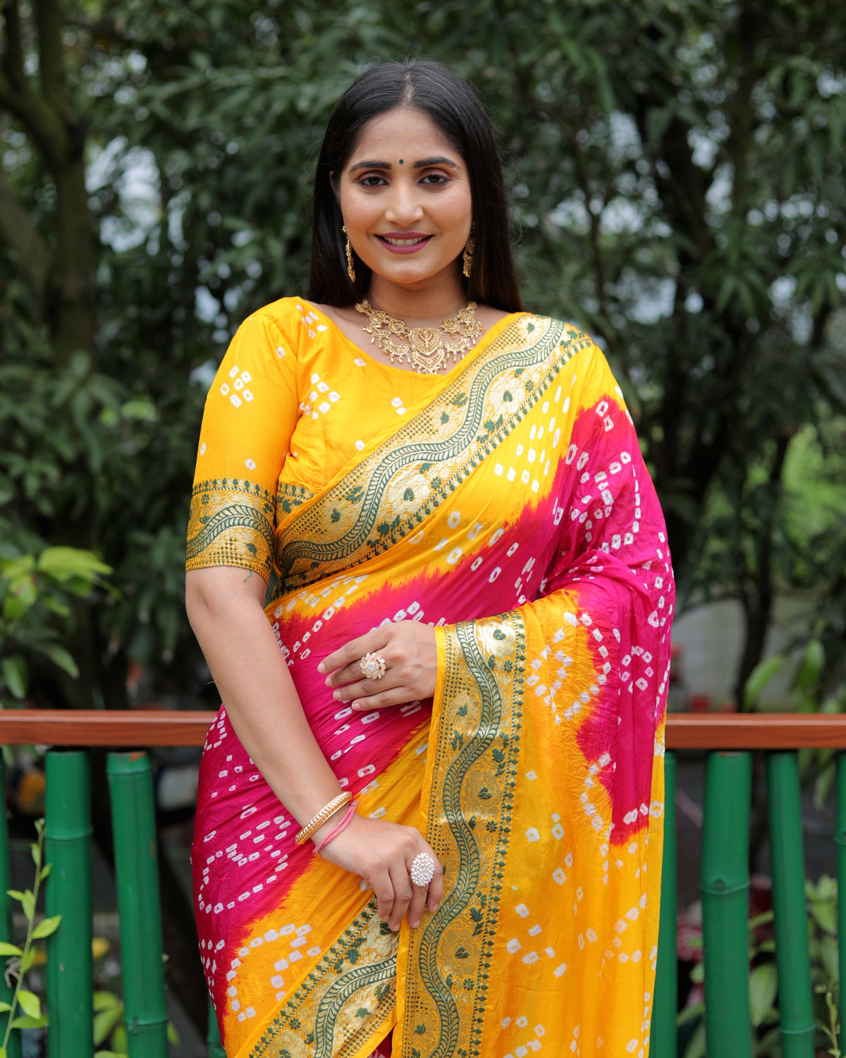Lorenvalley Premium Pure Bandhej Tapeta Soft light weight silk saree with zari weaving Border - Multicolor | Grocsy