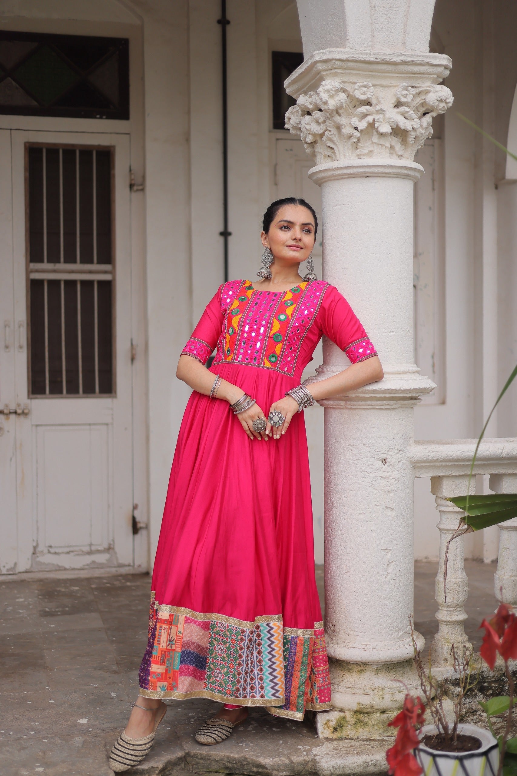 Lorenvalley Fashion Pink Roman Silk with Thread with mirror work & Maslin Crochet Print Work Gown | Grocsy
