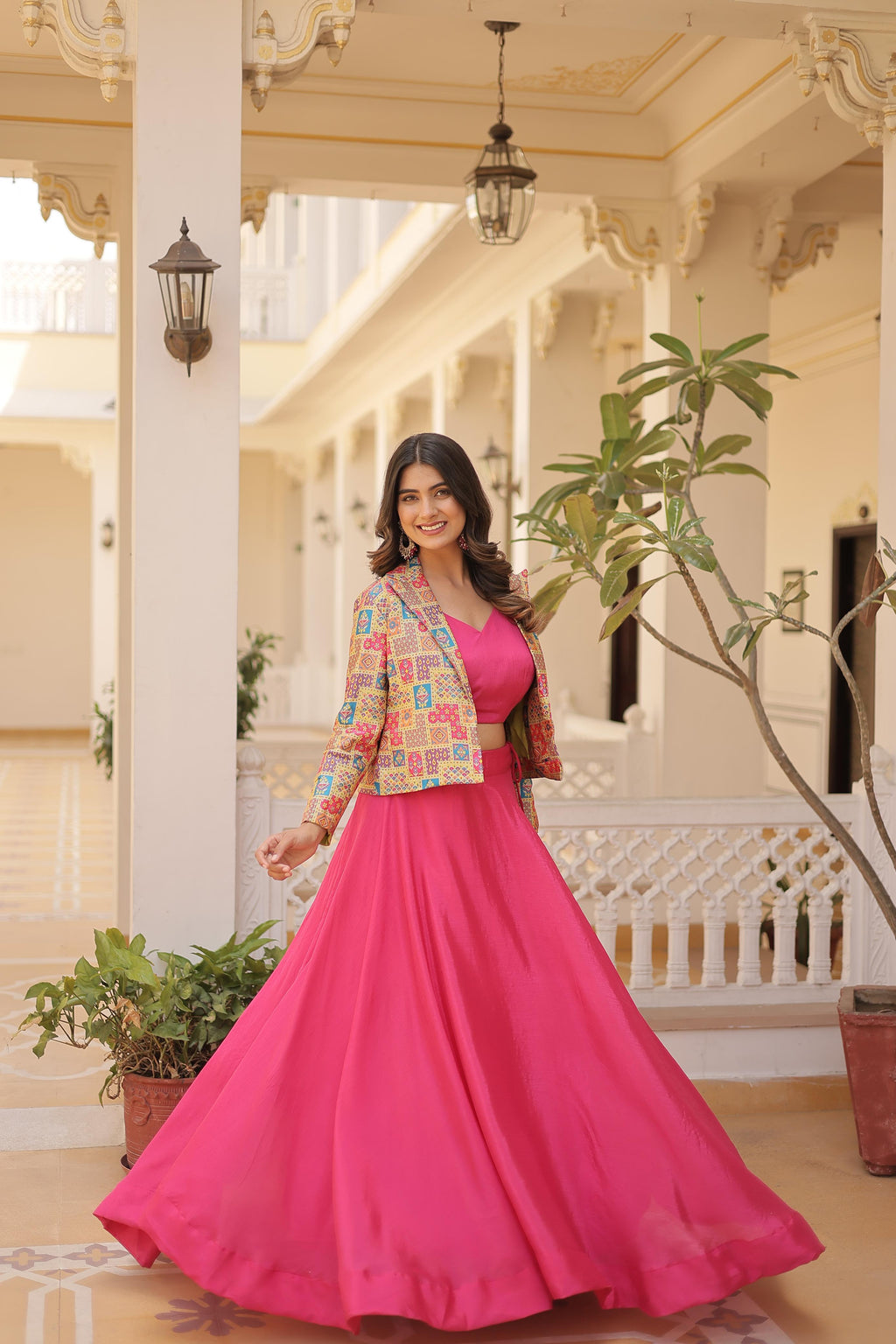 Lorenvalley Pink Premium Chinnon Lehenga Choli with Jacquard Woven Design Koti | Grocsy