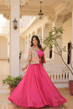 Lorenvalley Pink Premium Chinnon Lehenga Choli with Jacquard Woven Design Koti | Grocsy