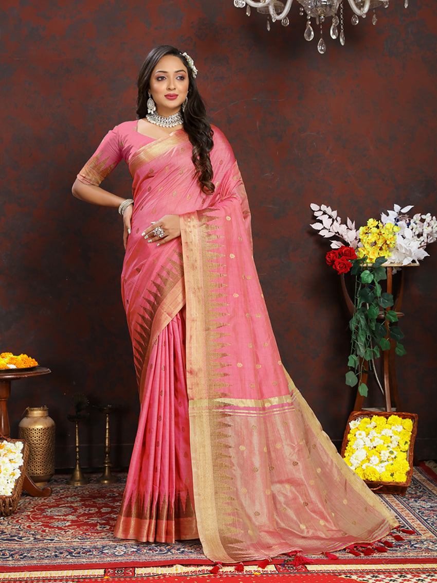 Lorenvalley Fashion Pink Soft Katan Silk Woven Design Zari Weaving Pallu Saree | Grocsy