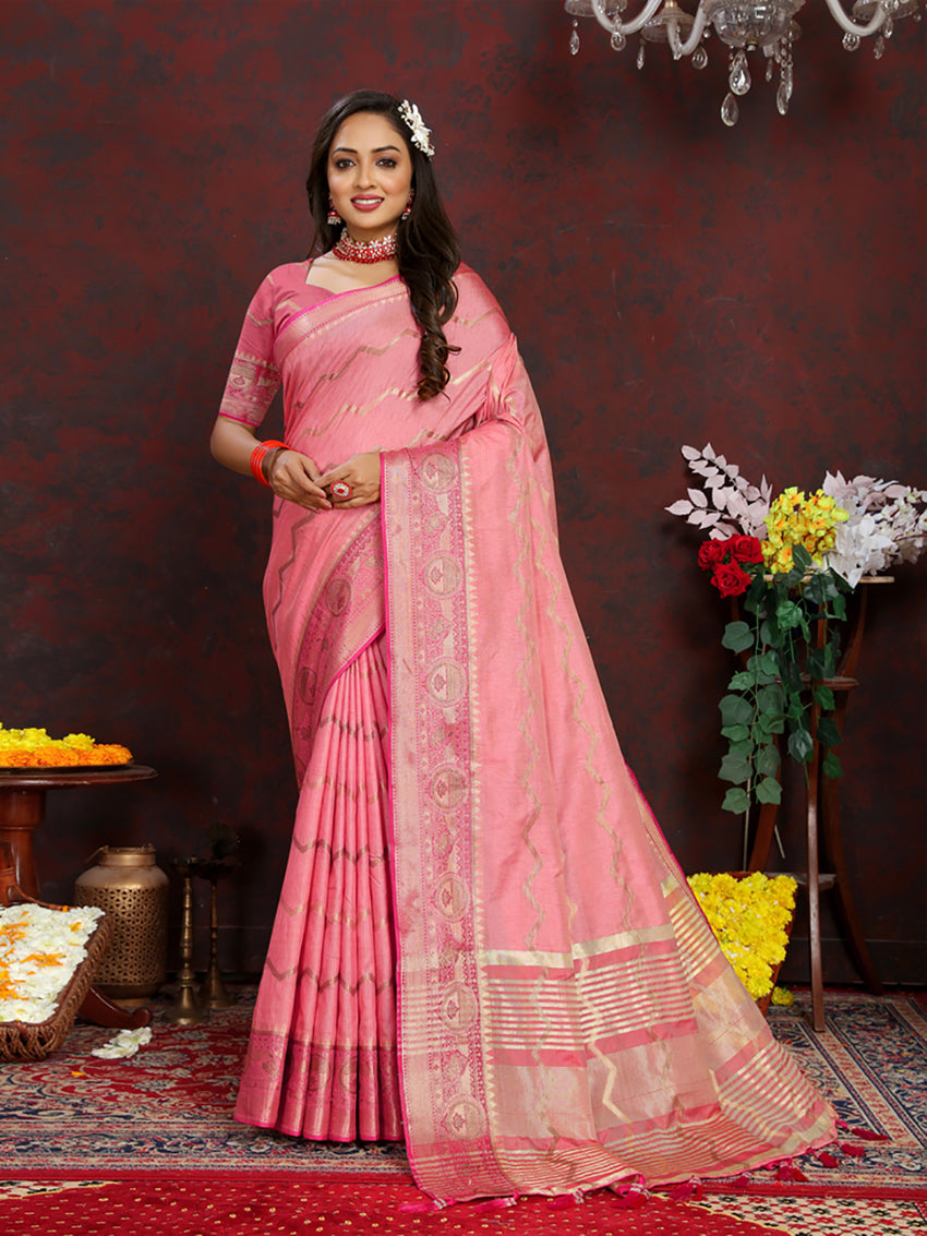 Lorenvalley Fashion Pink Soft Katan Silk Woven Design Zari Weaving Pallu Saree | Grocsy