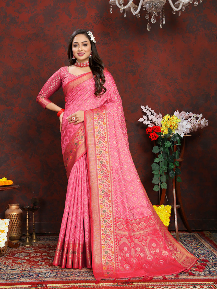 Lorenvalley Fashion Pink Organza Silk Woven Design with Rich Meenakari Weaving Pallu Saree | Grocsy